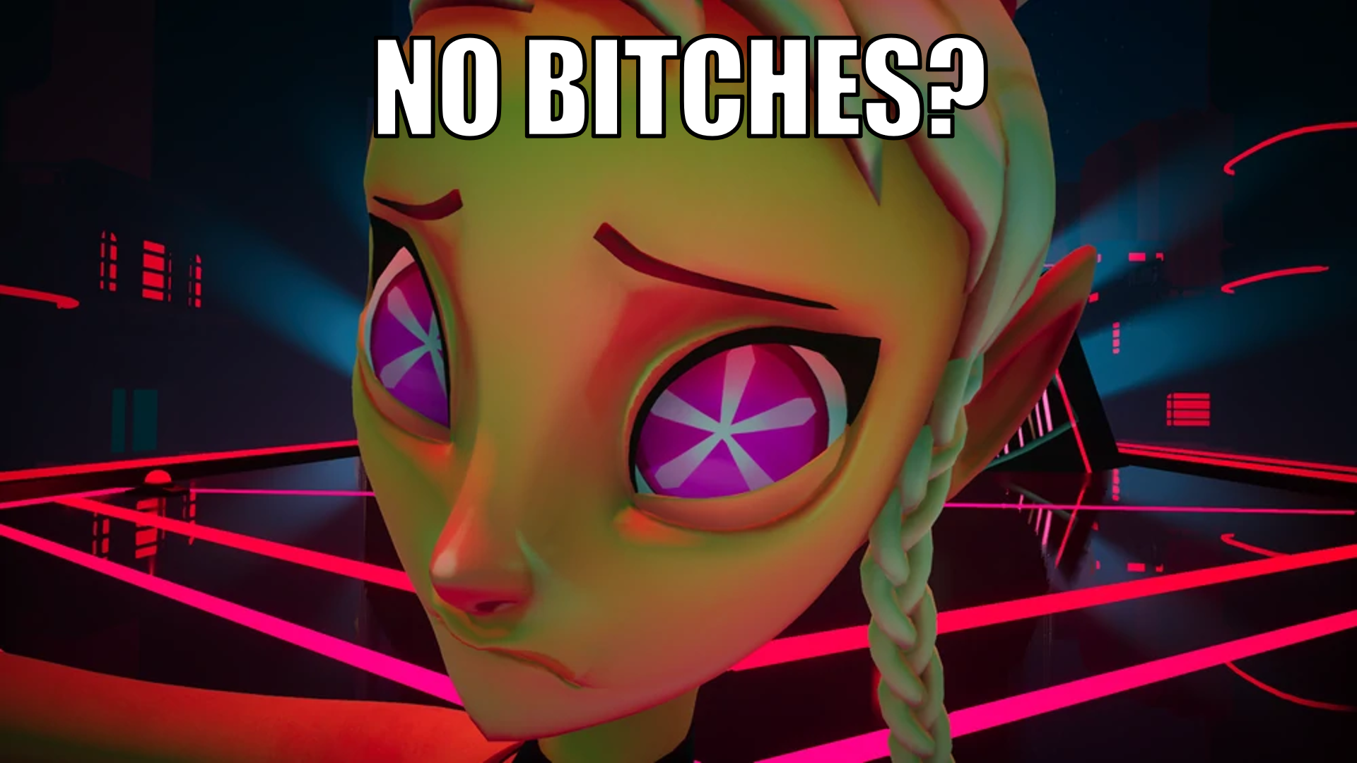 a close up screenshot of Mayday's face from No Straight Roads. she has large pink eyes, orange skin, and pale yellow hair, and she is frowning. large white text at the top of the image reads, in all caps, 'No bitches?'